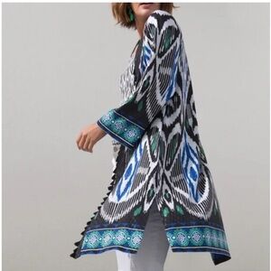 Chico’s Colorful Patterned Open Long Tasseled Ikat Print Kimono 2/L